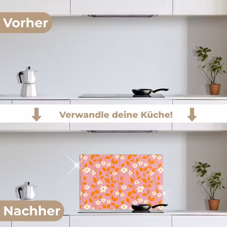 Bloemen - Patroon - Oranje keuken achterwand spatscherm klein 900 -voor_na_DE