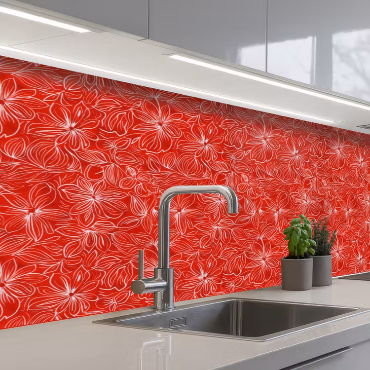 Bloemen - Patroon - Rood keuken achterwand 2 middel 871 -3d_schuin