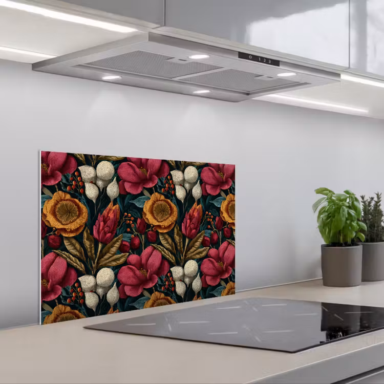 Bloemen - Patroon - Rood - Goud keuken achterwand spatscherm klein 900 -3d_schuin