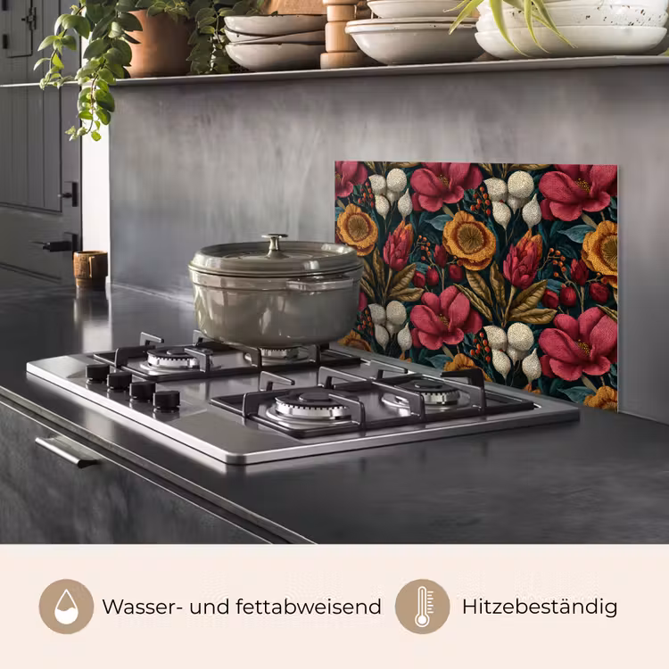 Bloemen - Patroon - Rood - Goud keuken achterwand spatscherm klein 900 -usp_DE