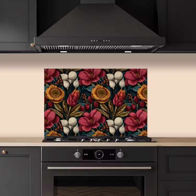 Bloemen - Patroon - Rood - Goud keuken achterwand spatscherm klein 900 -sfeer1