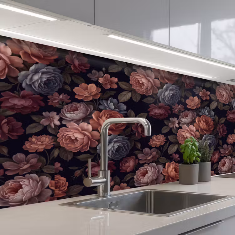 Bloemen - Patroon - Vintage - Donker - Roze keuken achterwand 2 middel -3d_schuin