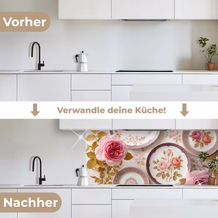 Bloemen - Patroon - Vintage - Roze - Decoratie keuken achterwand 2 middel -voor-na_DE