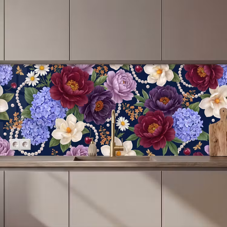 Bloemen - Parels - Decoratie - Modern - Blauw keuken achterwand 2 middel zz_3dshopping
