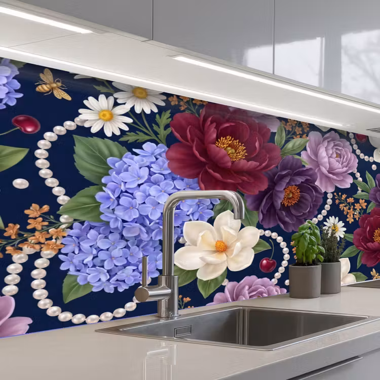 Bloemen - Parels - Decoratie - Modern - Blauw keuken achterwand 2 middel -3d_schuin