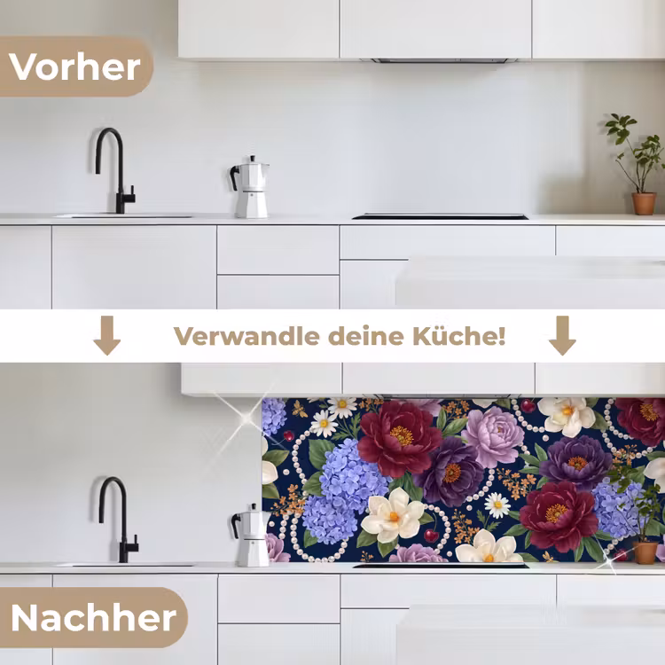 Bloemen - Parels - Decoratie - Modern - Blauw keuken achterwand 2 middel -voor-na_DE