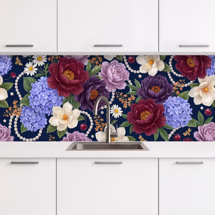 Bloemen - Parels - Decoratie - Modern - Blauw keuken achterwand 2 middel -3d