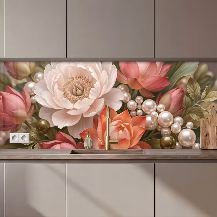Bloemen - Parels - Elegant - Roze - Wit keuken achterwand 2 middel zz_3dshopping