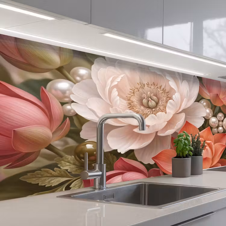 Bloemen - Parels - Elegant - Roze - Wit keuken achterwand 2 middel -3d_schuin