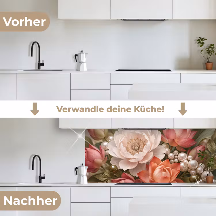 Bloemen - Parels - Elegant - Roze - Wit keuken achterwand 2 middel -voor-na_DE