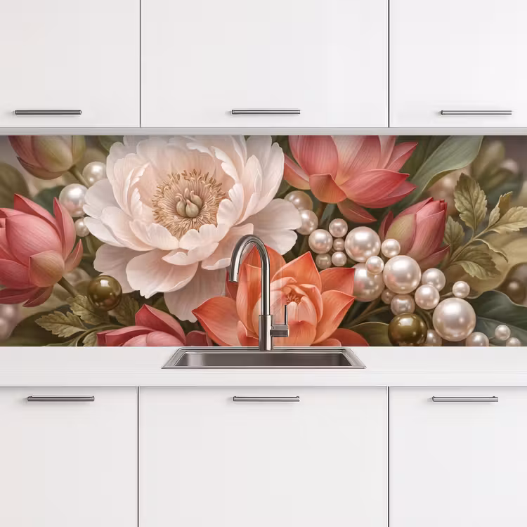 Bloemen - Parels - Elegant - Roze - Wit keuken achterwand 2 middel -3d