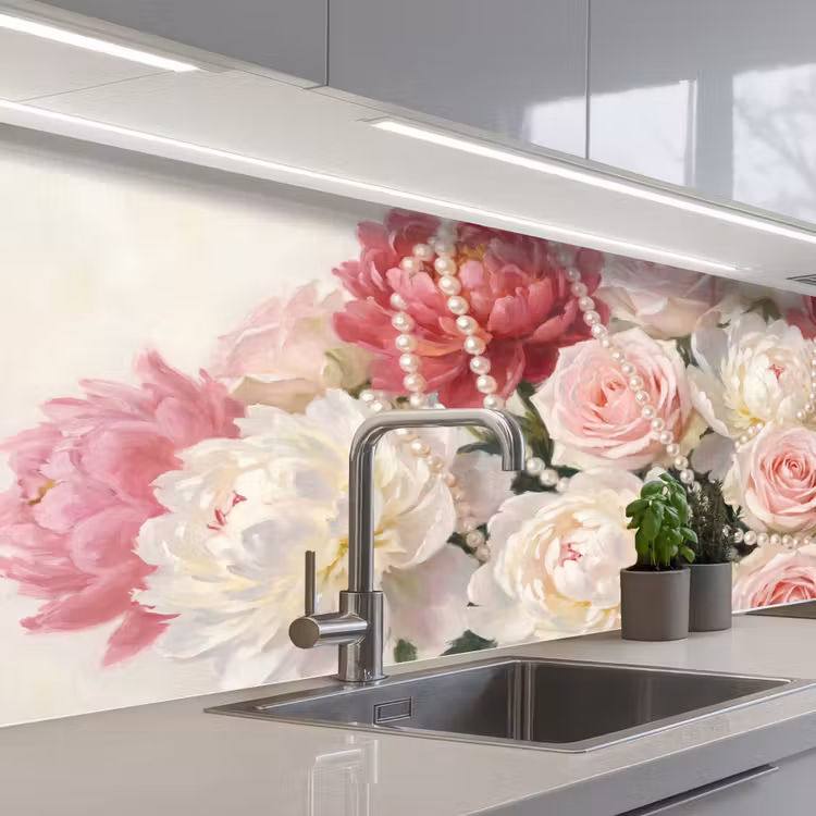 Bloemen - Parels - Romantiek - Klassiek - Roze keuken achterwand 2 middel -3d_schuin