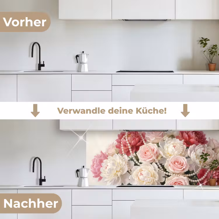 Bloemen - Parels - Romantiek - Klassiek - Roze keuken achterwand 2 middel -voor-na_DE
