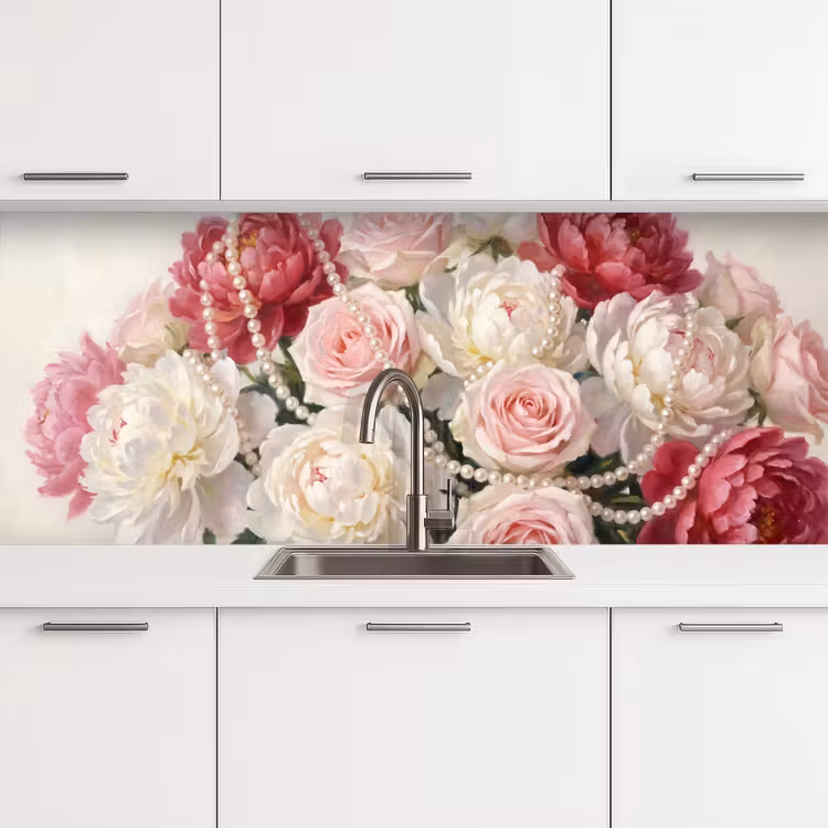 Bloemen - Parels - Romantiek - Klassiek - Roze keuken achterwand 2 middel -3d