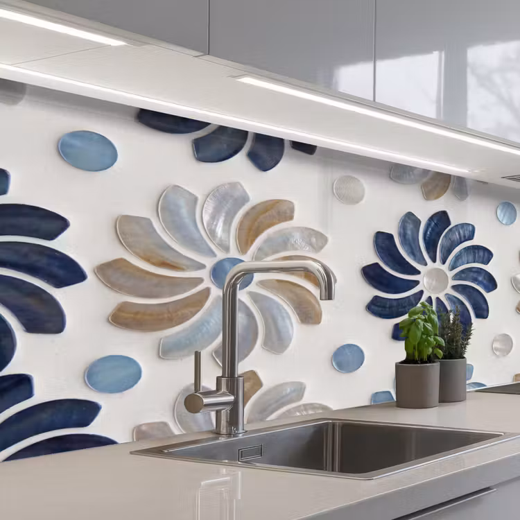 Bloemen - Parelmoer - Abstract - Patroon - Blauw keuken achterwand 2 middel -3d_schuin