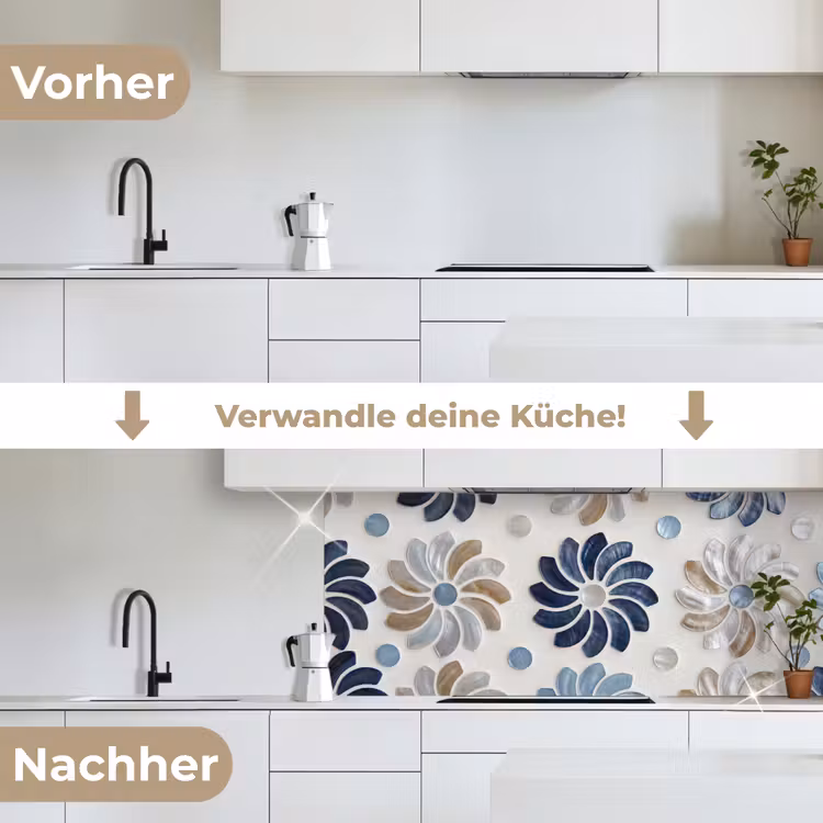 Bloemen - Parelmoer - Abstract - Patroon - Blauw keuken achterwand 2 middel -voor-na_DE