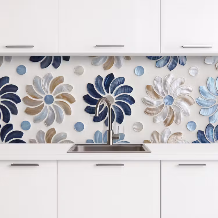 Bloemen - Parelmoer - Abstract - Patroon - Blauw keuken achterwand 2 middel -3d