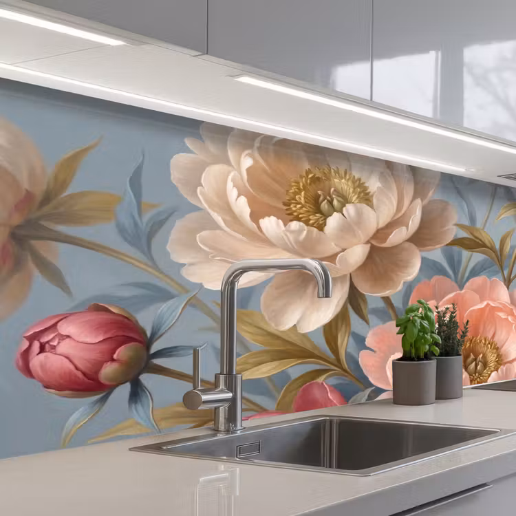 Bloemen - Roze - Beige - Modern - Natuur keuken achterwand 2 middel -3d_schuin