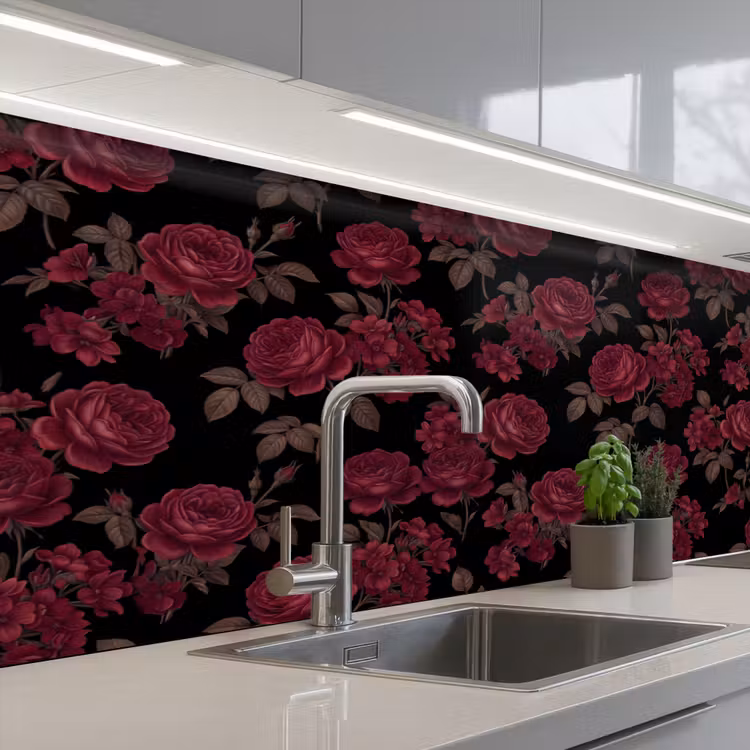 Bloemen - Roos - Patroon - Klassiek - Rood keuken achterwand 2 middel -3d_schuin