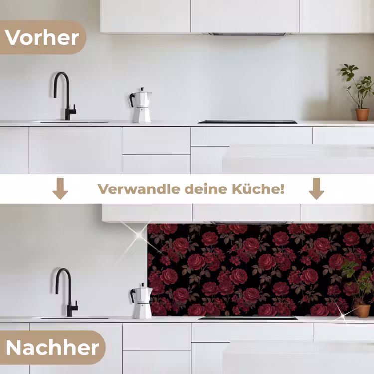 Bloemen - Roos - Patroon - Klassiek - Rood keuken achterwand 2 middel -voor-na_DE