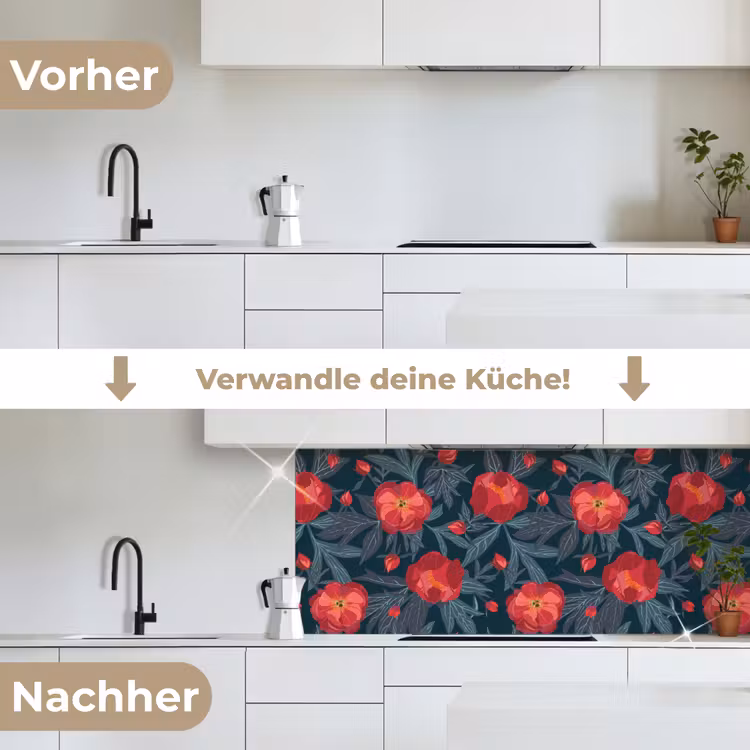 Bloemen - Rood - Bladeren - Patronen keuken achterwand 2 middel 871 -voor-na_DE