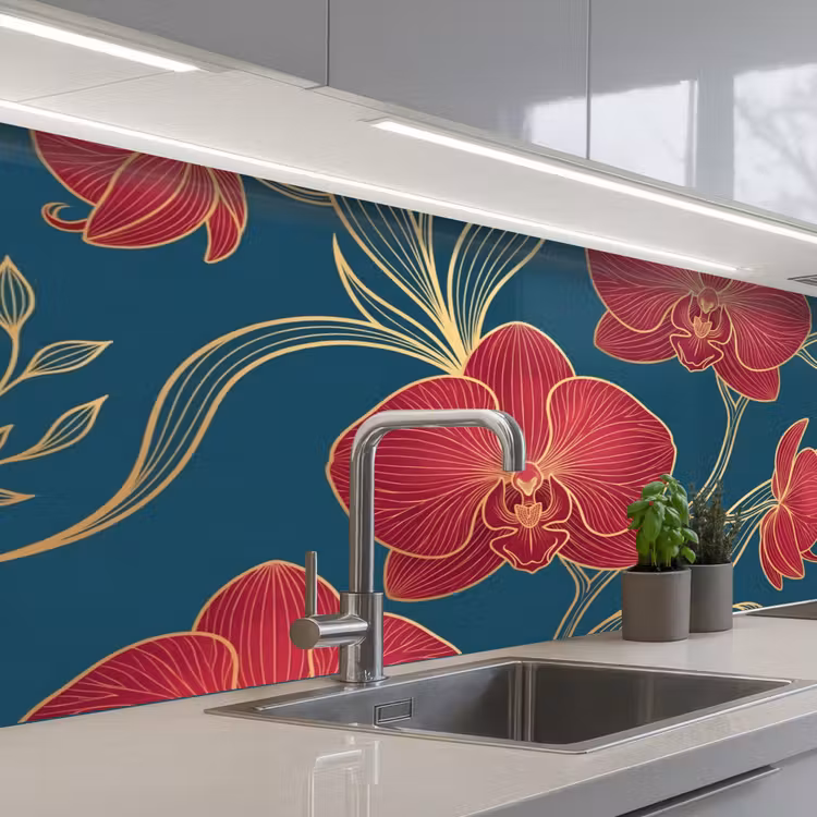 Küchenrückwand - Blumen – Rot – Gold - Bloemen - Rood - Goud keuken achterwand 2 middel