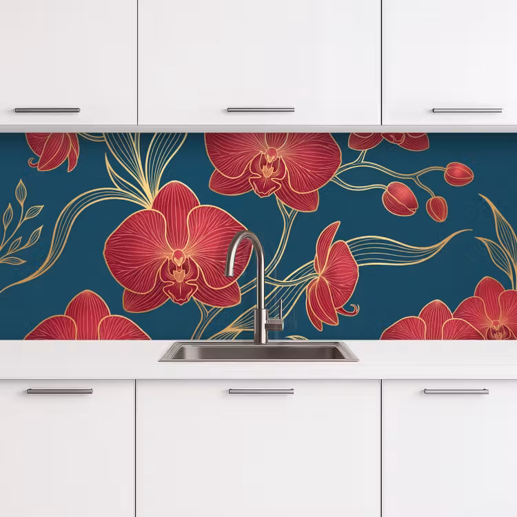 Küchenrückwand - Blumen – Rot – Gold - Bloemen - Rood - Goud keuken achterwand 2 middel