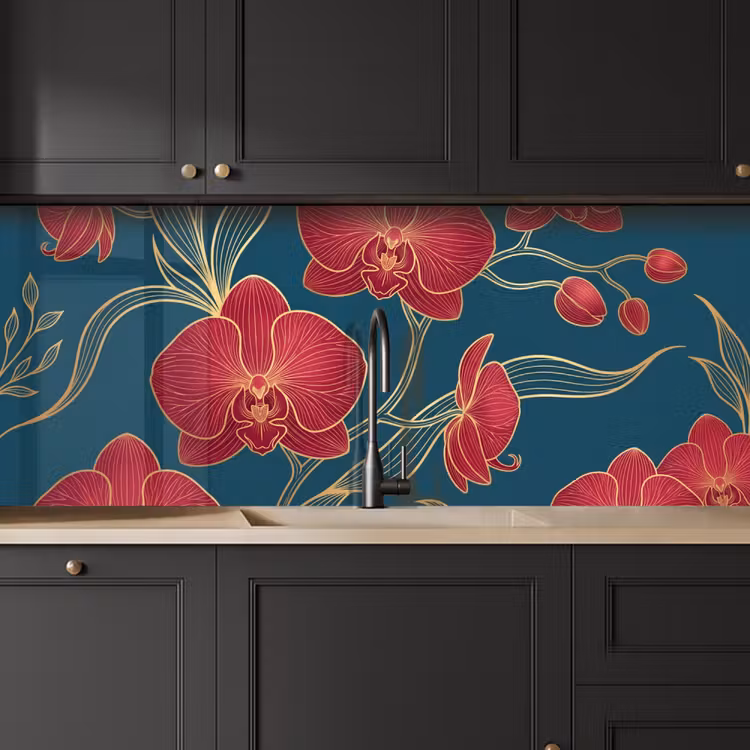 Küchenrückwand - Blumen – Rot – Gold - Bloemen - Rood - Goud keuken achterwand 2 middel