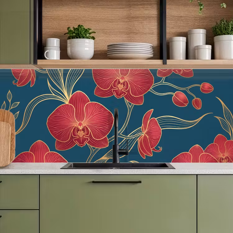 Küchenrückwand - Blumen – Rot – Gold - Bloemen - Rood - Goud keuken achterwand 2 middel