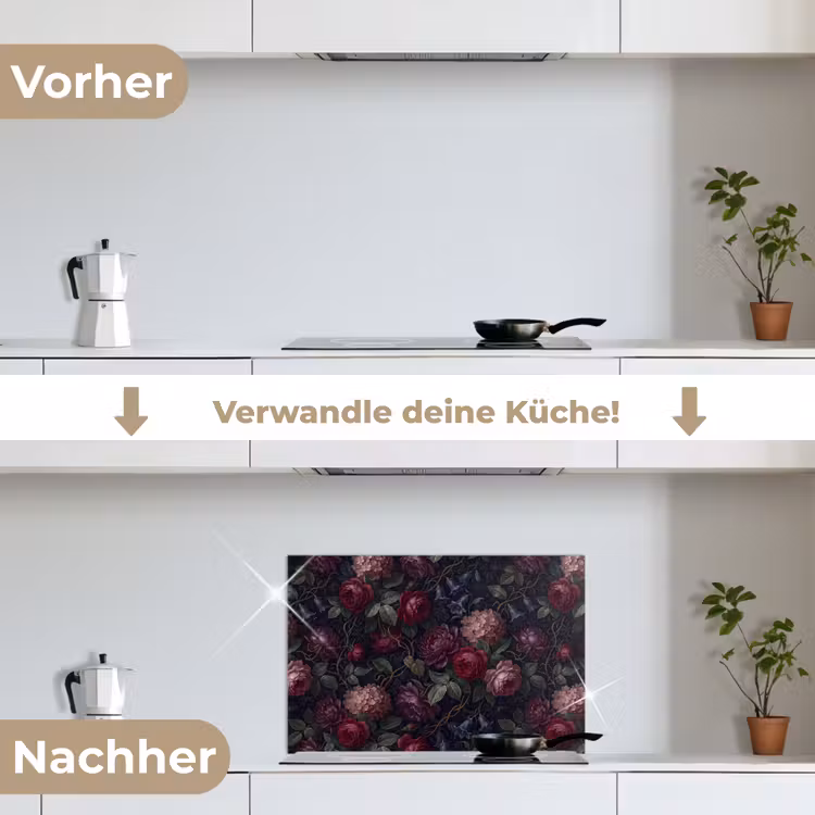 Bloemen - Rood - Klassiek - Donker - Patroon keuken achterwand spatscherm klein -voor_na_DE