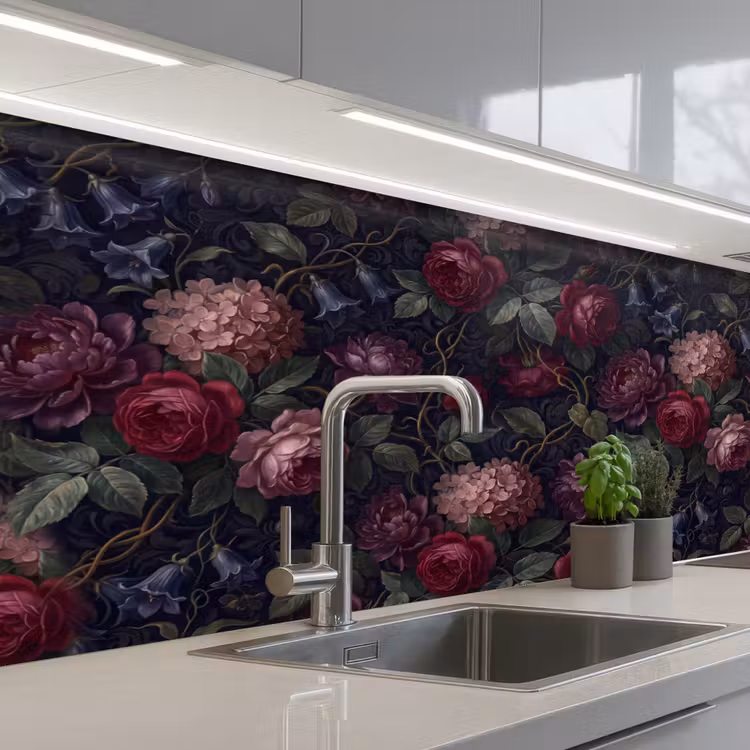 Bloemen - Rood - Klassiek - Donker - Patroon keuken achterwand 2 middel -3d_schuin