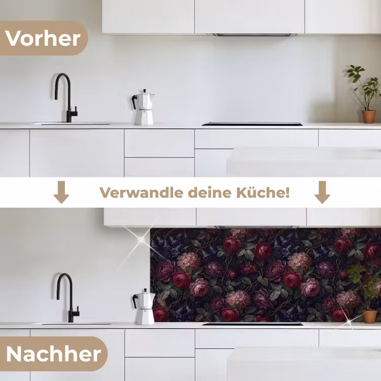 Bloemen - Rood - Klassiek - Donker - Patroon keuken achterwand 2 middel -voor-na_DE