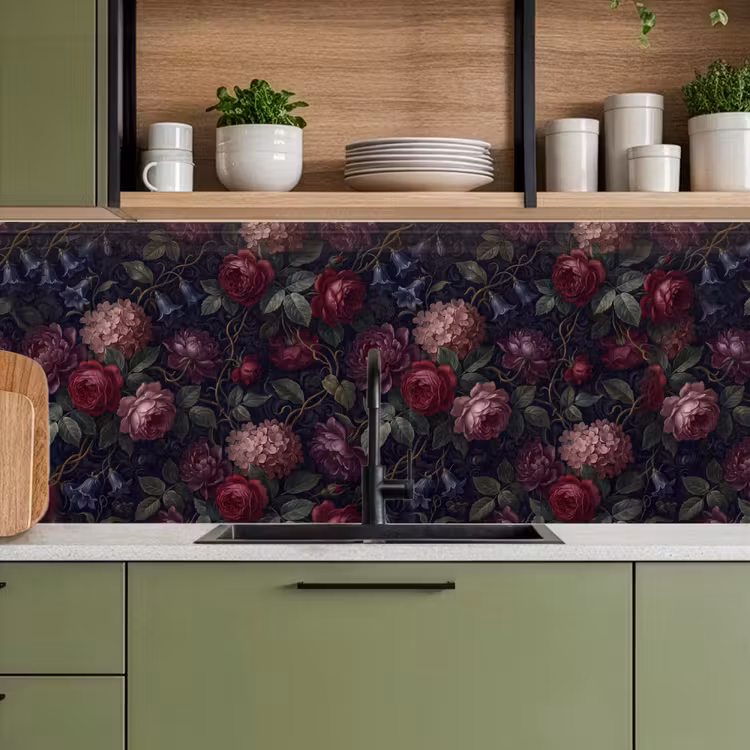 Bloemen - Rood - Klassiek - Donker - Patroon keuken achterwand 2 middel -sfeer3