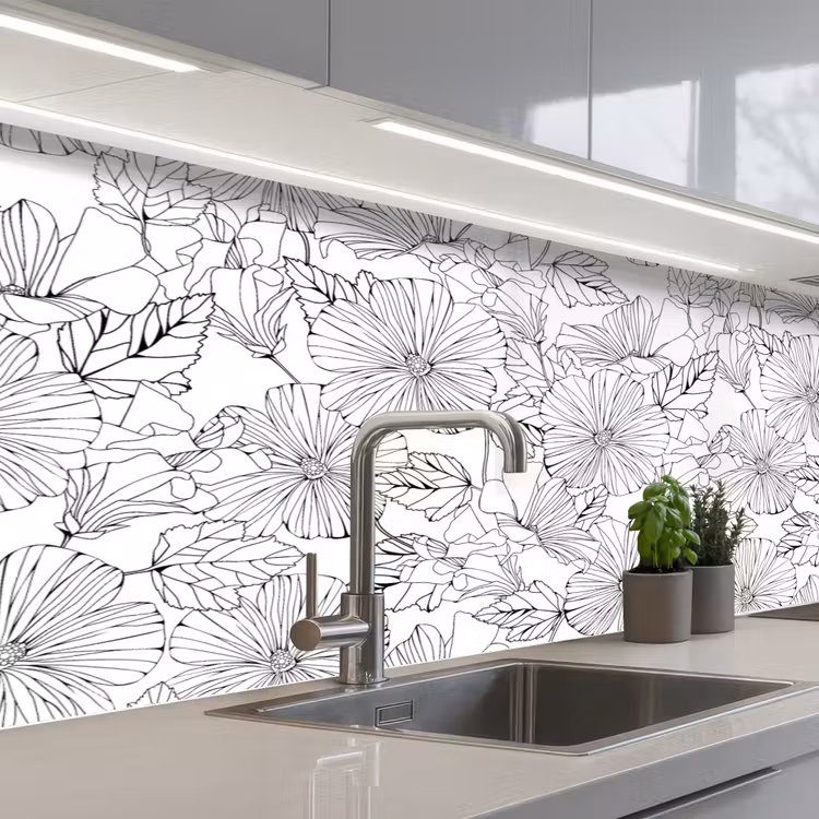 Bloemen - Zwart - Wit - Design - Flora keuken achterwand 2 middel 871 -3d_schuin