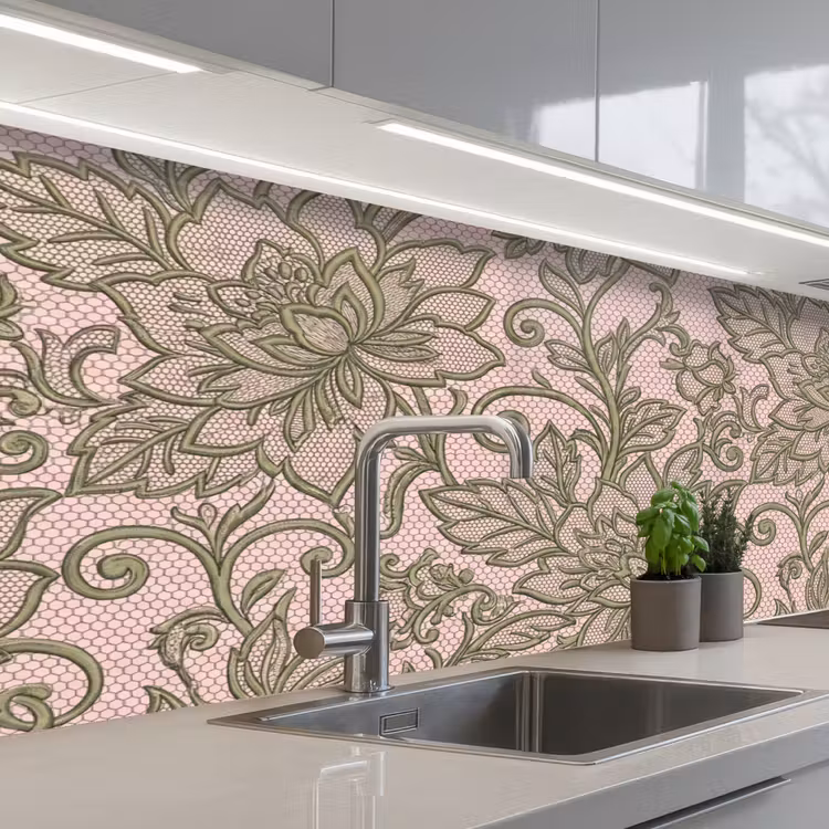 Bloemen - Kant - Patroon - Klassiek - Groen keuken achterwand 2 middel -3d_schuin