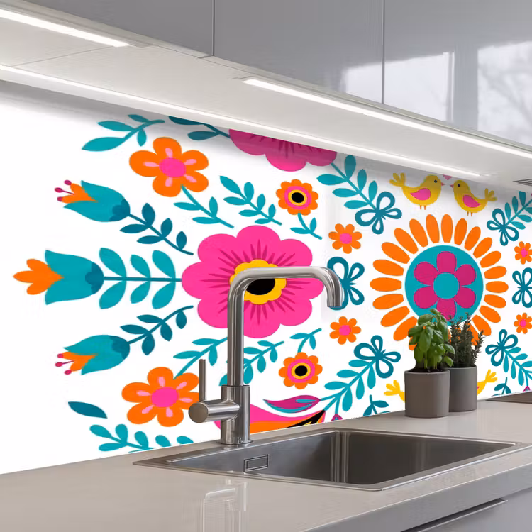 Bloemen - Vogel - Patroon - Kleurrijk - Modern keuken achterwand 2 middel -3d_schuin