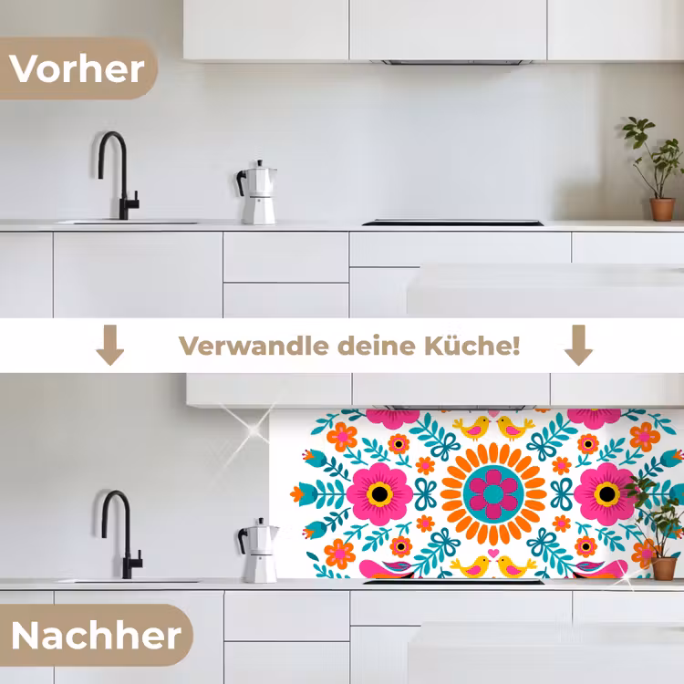 Bloemen - Vogel - Patroon - Kleurrijk - Modern keuken achterwand 2 middel -voor-na_DE