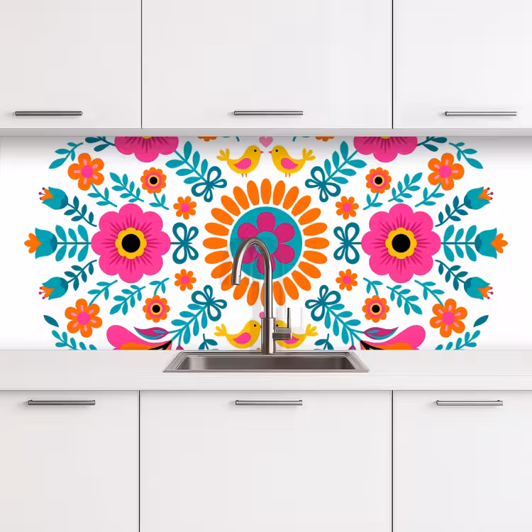 Bloemen - Vogel - Patroon - Kleurrijk - Modern keuken achterwand 2 middel -3d