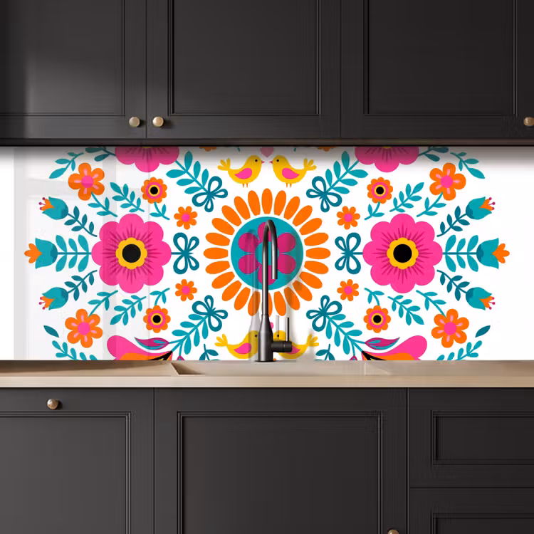 Bloemen - Vogel - Patroon - Kleurrijk - Modern keuken achterwand 2 middel -sfeer1