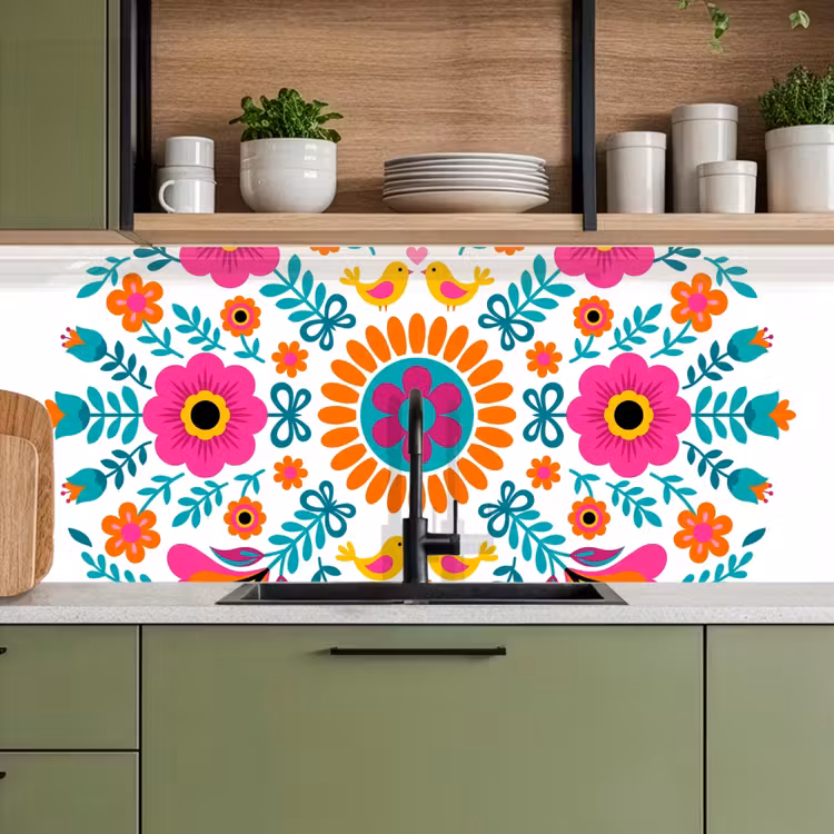 Bloemen - Vogel - Patroon - Kleurrijk - Modern keuken achterwand 2 middel -sfeer3