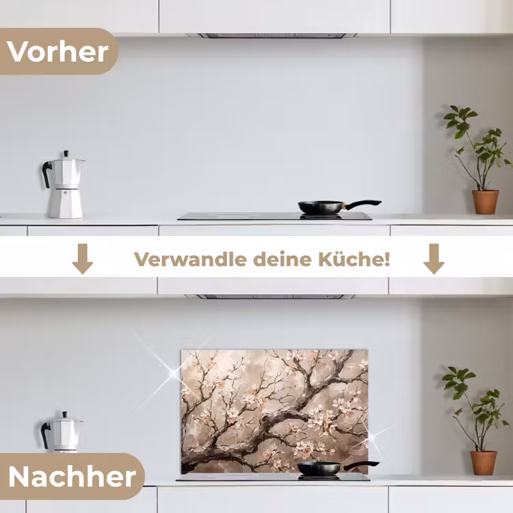 Bloesem - Takken - Schilderij - Beige - Serene keuken achterwand spatscherm klein -voor_na_DE