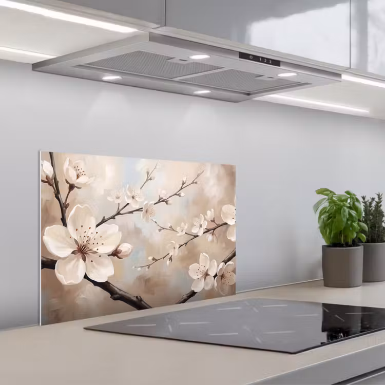 Bloesem - Takken - Schilderij - Beige - Serene keuken achterwand spatscherm klein -3d_schuin