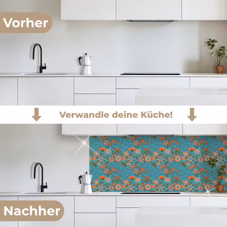 Bohemian - Bloemen - Oranje - Retro - Design keuken achterwand 2 middel 871 -voor-na_DE