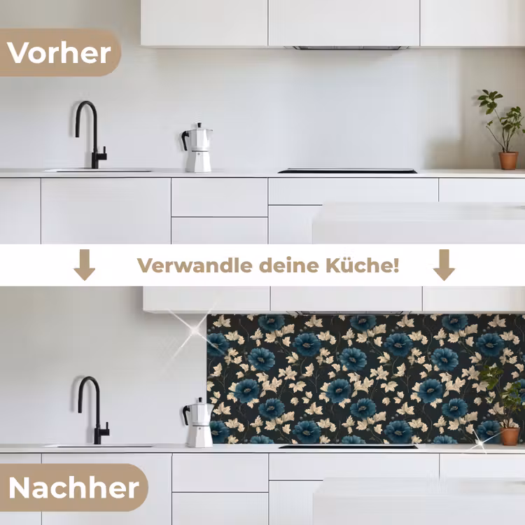 Botanisch - Bloemen - Blauw keuken achterwand 2 middel 871 -voor-na_DE