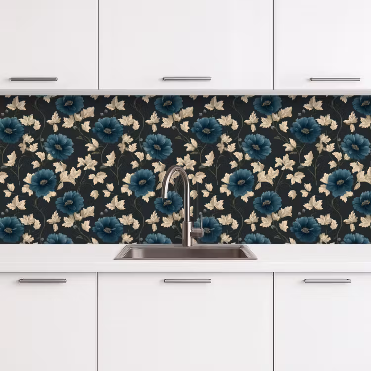 Botanisch - Bloemen - Blauw keuken achterwand 2 middel 871 -3d