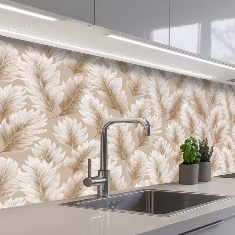 Botanisch - Patroon - Beige keuken achterwand 2 middel 871 -3d_schuin