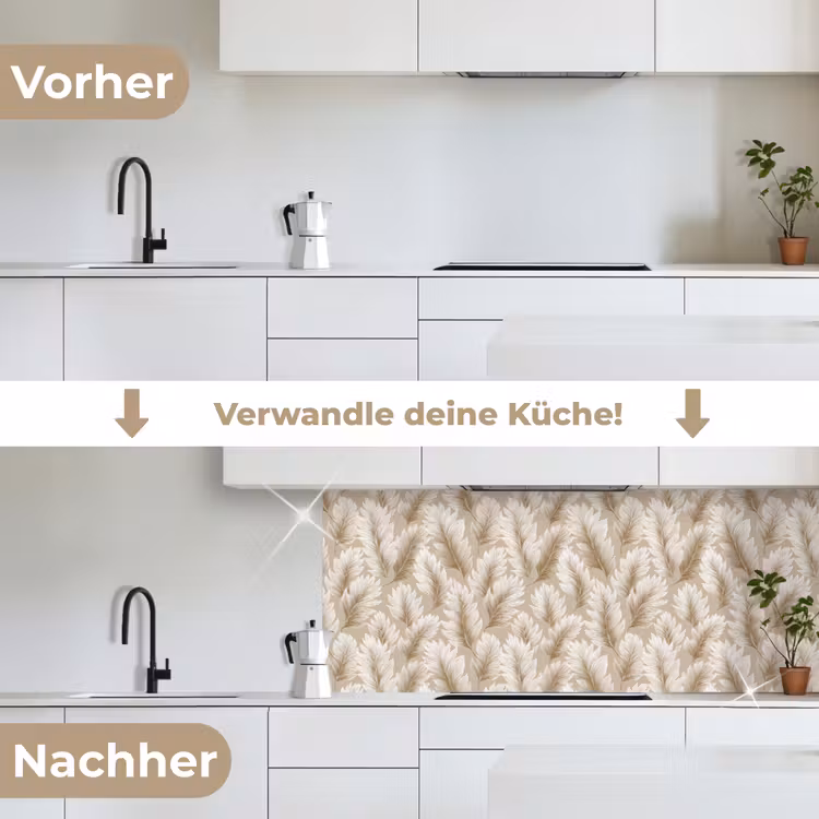Botanisch - Patroon - Beige keuken achterwand 2 middel 871 -voor-na_DE