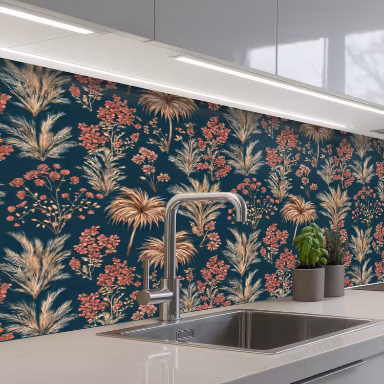 Botanisch - Patroon - Blauw keuken achterwand 2 middel 871 -3d_schuin