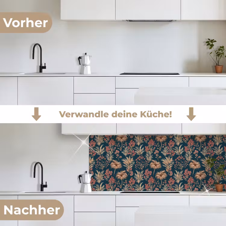 Botanisch - Patroon - Blauw keuken achterwand 2 middel 871 -voor-na_DE