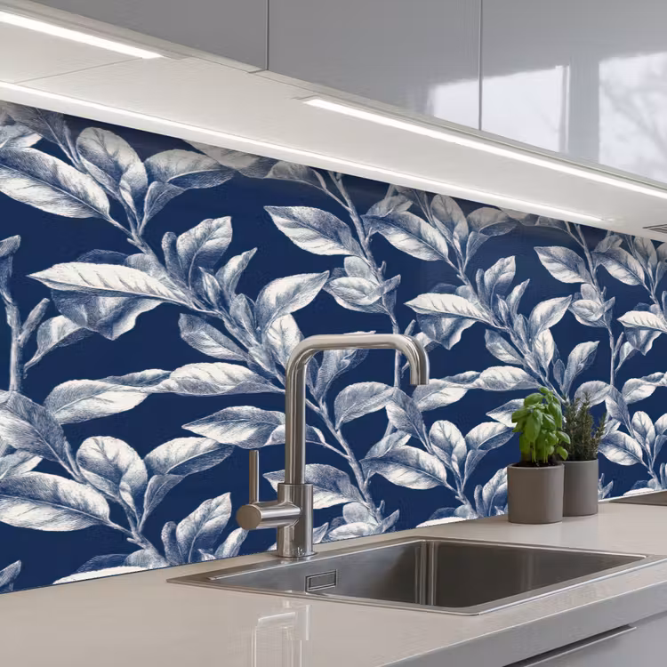 Botanisch - Patroon - Blauw keuken achterwand 2 middel 871 -3d_schuin